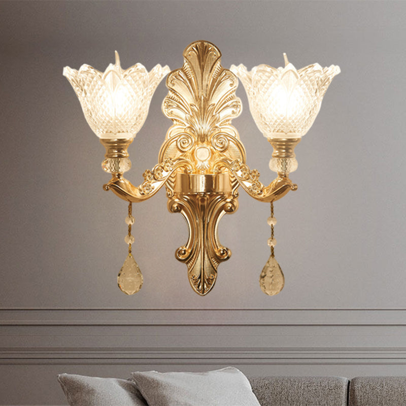 Flower Clear Latticed Glass Wall Lamp Mid-Century 1/2-Light Hallway Wall Sconce Lighting in Gold 2.0 Gold Clearhalo 'Wall Lamps & Sconces' 'Wall Lights' Lighting' 1125294