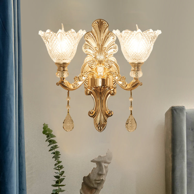 Flower Clear Latticed Glass Wall Lamp Mid-Century 1/2-Light Hallway Wall Sconce Lighting in Gold Clearhalo 'Wall Lamps & Sconces' 'Wall Lights' Lighting' 1125295