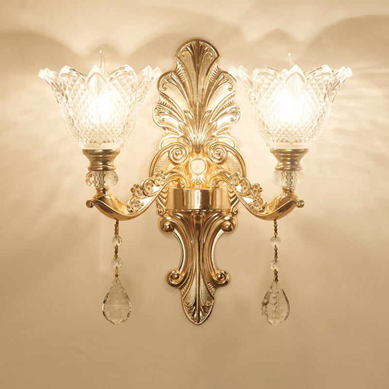 Flower Clear Latticed Glass Wall Lamp Mid-Century 1/2-Light Hallway Wall Sconce Lighting in Gold Clearhalo 'Wall Lamps & Sconces' 'Wall Lights' Lighting' 1125297