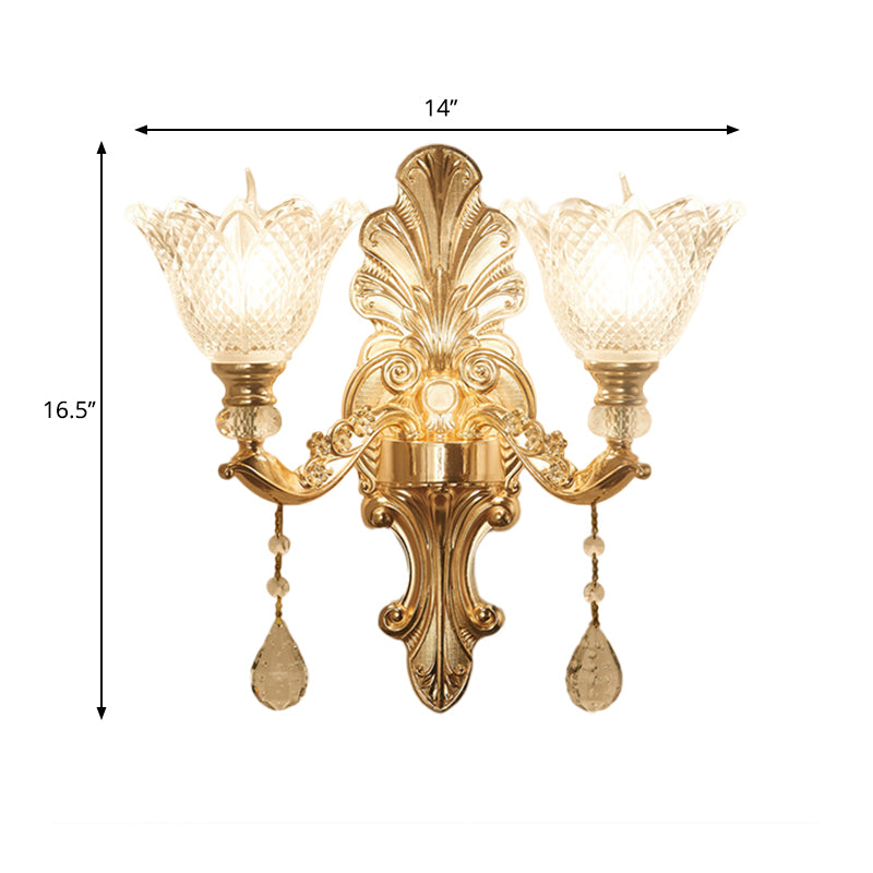 Flower Clear Latticed Glass Wall Lamp Mid-Century 1/2-Light Hallway Wall Sconce Lighting in Gold Clearhalo 'Wall Lamps & Sconces' 'Wall Lights' Lighting' 1125298