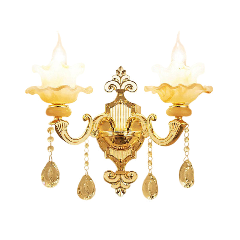 2 Bulbs Wall Mount Lighting Mid-Century Candle Style Crystal Glass Wall Lamp Fixture in Gold Clearhalo 'Wall Lamps & Sconces' 'Wall Lights' Lighting' 1125309