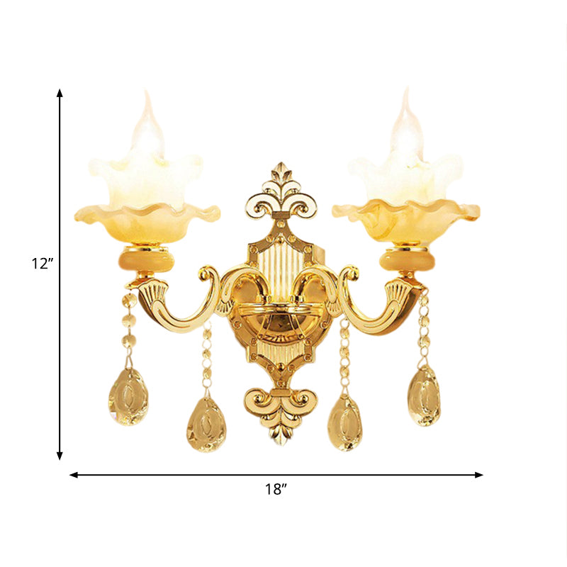 2 Bulbs Wall Mount Lighting Mid-Century Candle Style Crystal Glass Wall Lamp Fixture in Gold Clearhalo 'Wall Lamps & Sconces' 'Wall Lights' Lighting' 1125310