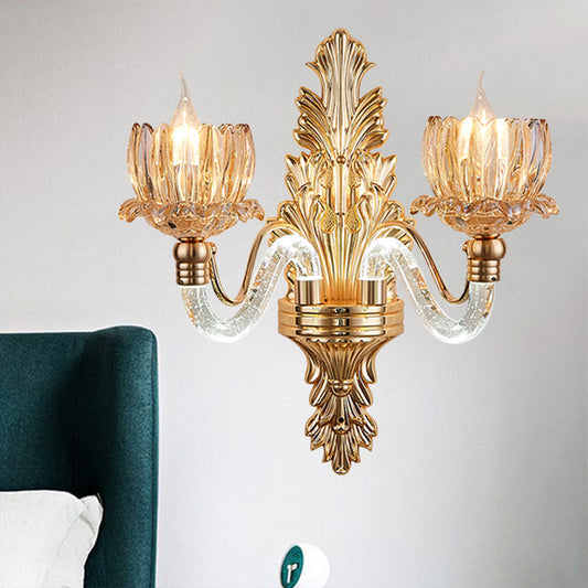 Mid Century Floral Sconce Lamp Fixture 2 Lights Ribbed Glass Wall Mounted Light in Gold Clearhalo 'Wall Lamps & Sconces' 'Wall Lights' Lighting' 1125312