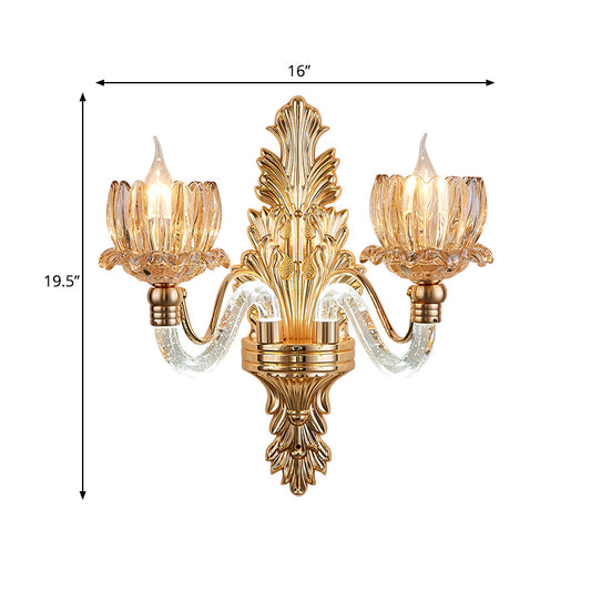 Mid Century Floral Sconce Lamp Fixture 2 Lights Ribbed Glass Wall Mounted Light in Gold Clearhalo 'Wall Lamps & Sconces' 'Wall Lights' Lighting' 1125314