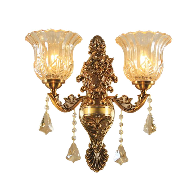 2-Head Wall Lighting Idea with Flower Shade Ribbed Glass Traditional Living Room Wall Lamp in Brass Clearhalo 'Wall Lamps & Sconces' 'Wall Lights' Lighting' 1125316