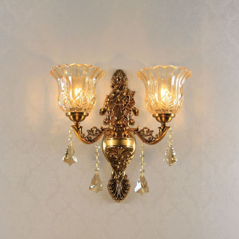 2-Head Wall Lighting Idea with Flower Shade Ribbed Glass Traditional Living Room Wall Lamp in Brass Clearhalo 'Wall Lamps & Sconces' 'Wall Lights' Lighting' 1125317