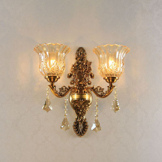 2-Head Wall Lighting Idea with Flower Shade Ribbed Glass Traditional Living Room Wall Lamp in Brass Clearhalo 'Wall Lamps & Sconces' 'Wall Lights' Lighting' 1125317