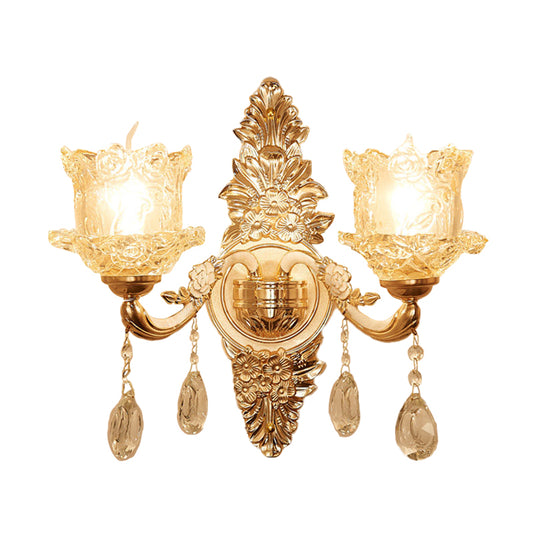 Flower Corner Sconce Lighting Mid Century Clear Crystal Glass 2 Heads Gold Wall Mounted Lamp Clearhalo 'Wall Lamps & Sconces' 'Wall Lights' Lighting' 1125325