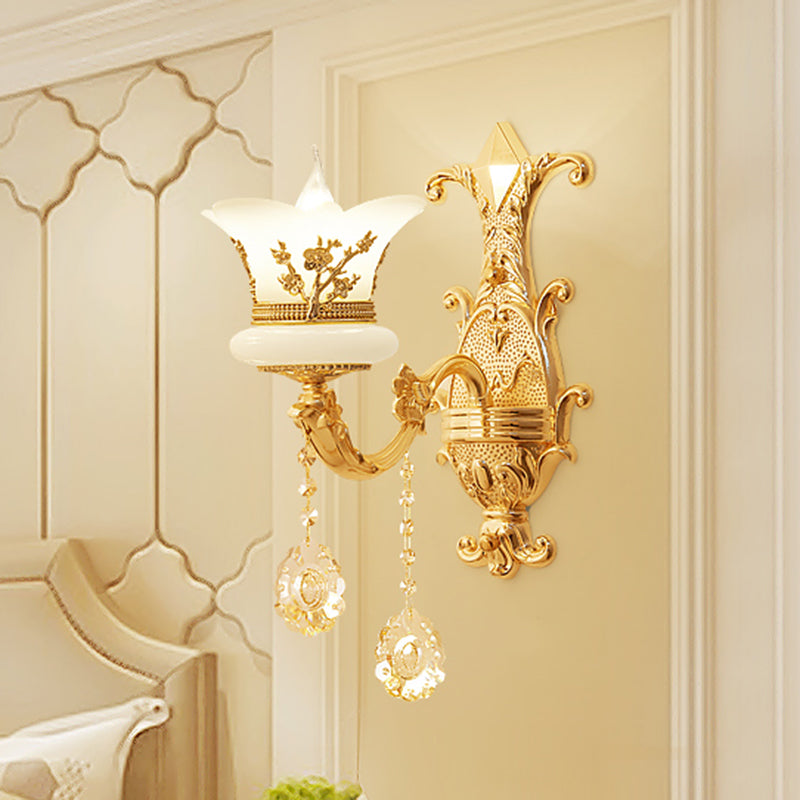 1/2-Light Frosted Glass Wall Mounted Lamp Mid-Century Gold Finish Flower Bedside Wall Light Fixture 1.0 Gold Clearhalo 'Wall Lamps & Sconces' 'Wall Lights' Lighting' 1125339