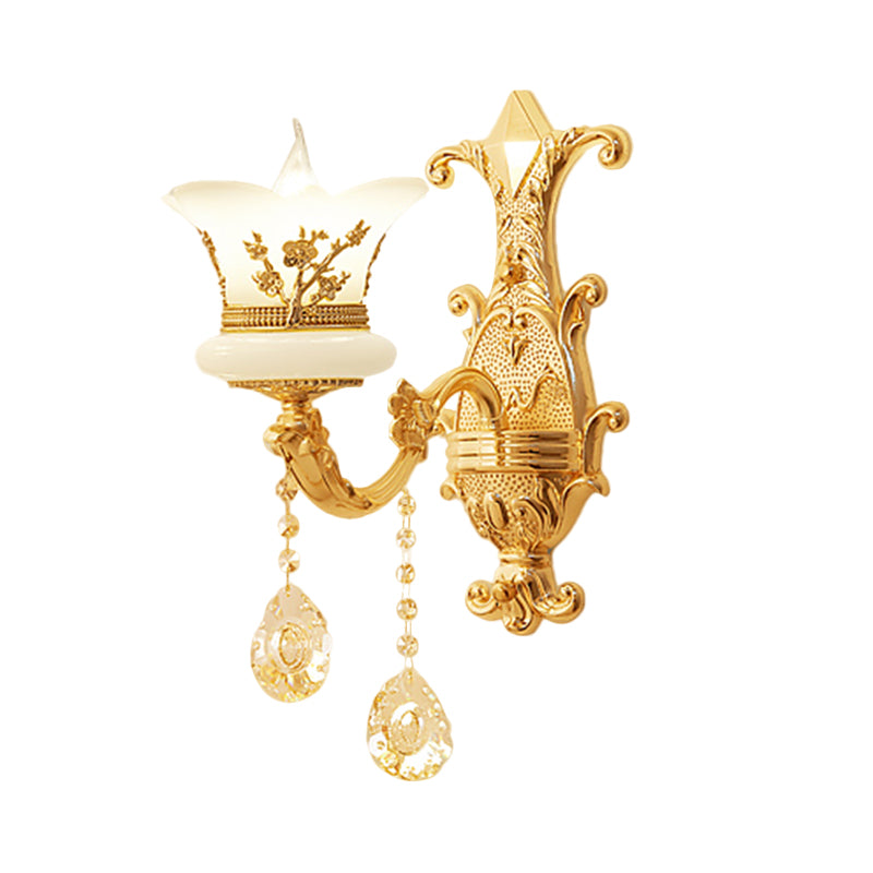 1/2-Light Frosted Glass Wall Mounted Lamp Mid-Century Gold Finish Flower Bedside Wall Light Fixture Clearhalo 'Wall Lamps & Sconces' 'Wall Lights' Lighting' 1125342