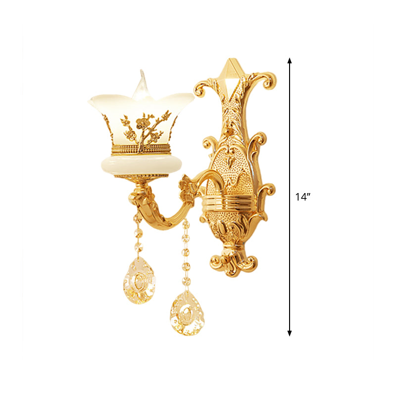 1/2-Light Frosted Glass Wall Mounted Lamp Mid-Century Gold Finish Flower Bedside Wall Light Fixture Clearhalo 'Wall Lamps & Sconces' 'Wall Lights' Lighting' 1125343