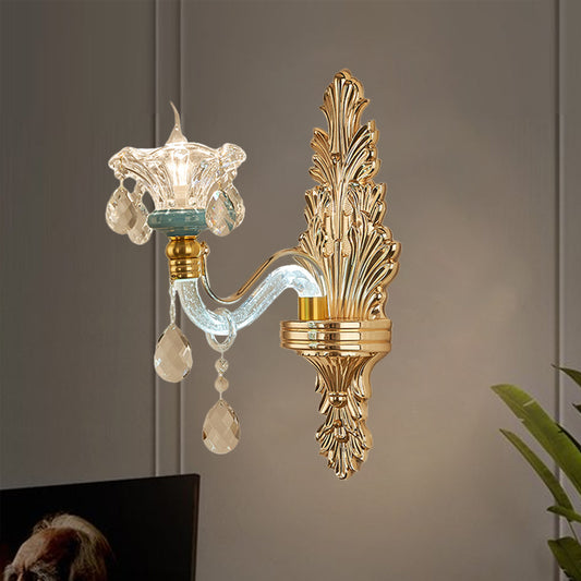 Floral Living Room Wall Light Sconce Traditional Clear Glass Single Gold Wall Lamp Fixture Clearhalo 'Wall Lamps & Sconces' 'Wall Lights' Lighting' 1125349