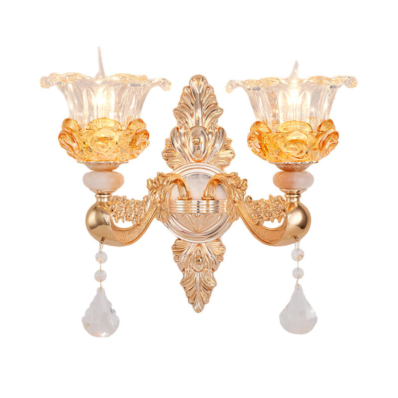 Gold 2 Bulbs Sconce Lamp Traditional Clear Crystal Glass Floral Wall Mount Light Fixture Clearhalo 'Wall Lamps & Sconces' 'Wall Lights' Lighting' 1125369