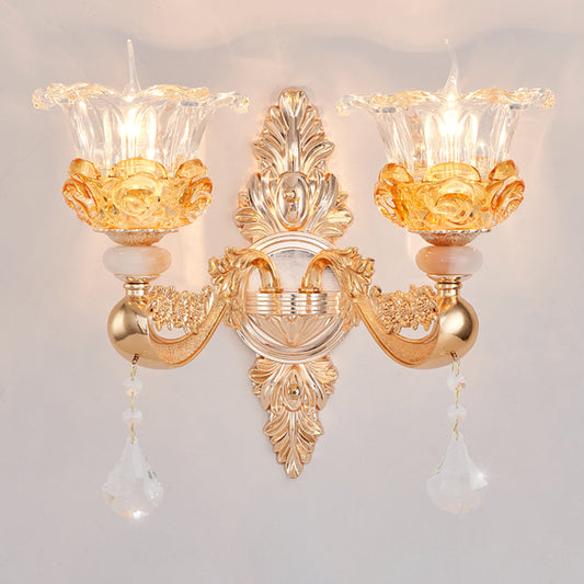 Gold 2 Bulbs Sconce Lamp Traditional Clear Crystal Glass Floral Wall Mount Light Fixture Clearhalo 'Wall Lamps & Sconces' 'Wall Lights' Lighting' 1125370