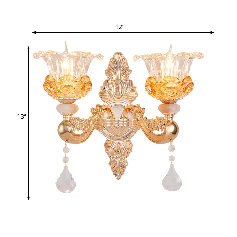 Gold 2 Bulbs Sconce Lamp Traditional Clear Crystal Glass Floral Wall Mount Light Fixture Clearhalo 'Wall Lamps & Sconces' 'Wall Lights' Lighting' 1125371