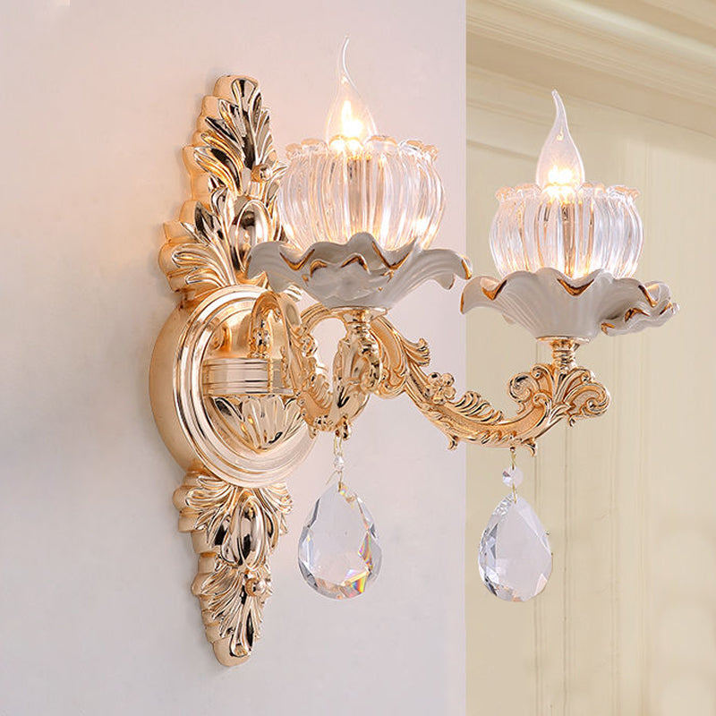 Traditional Ruffle Wall Mount Light 1/2-Head Clear Ribbed Glass Sconce Lighting with Carved Arm in Gold 2.0 Gold Clearhalo 'Wall Lamps & Sconces' 'Wall Lights' Lighting' 1125408