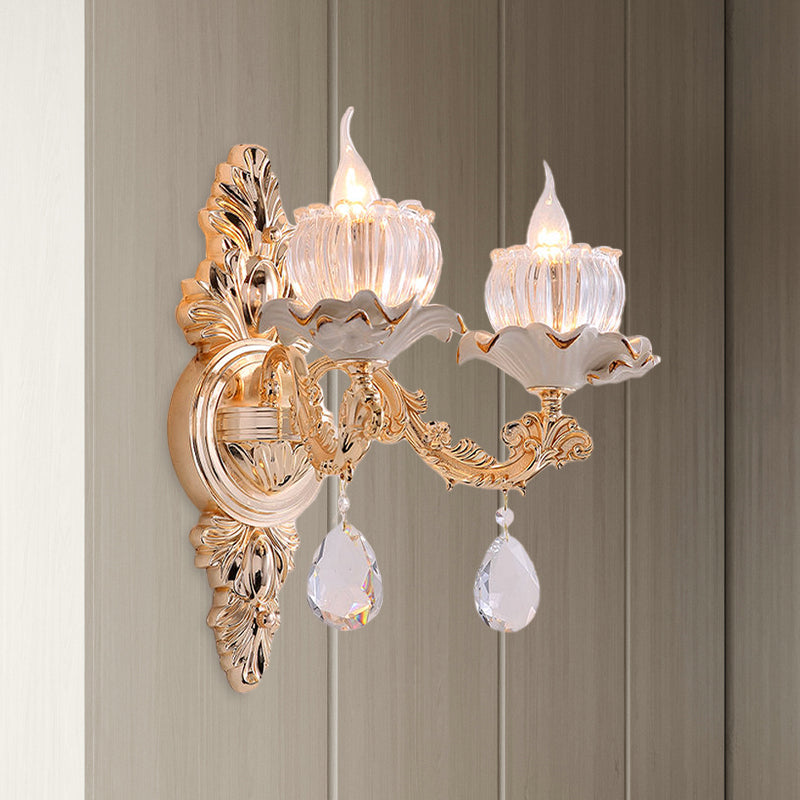 Traditional Ruffle Wall Mount Light 1/2-Head Clear Ribbed Glass Sconce Lighting with Carved Arm in Gold Clearhalo 'Wall Lamps & Sconces' 'Wall Lights' Lighting' 1125410