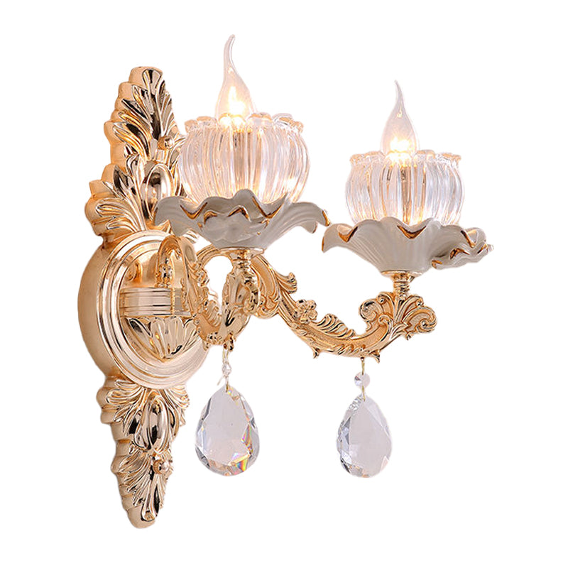 Traditional Ruffle Wall Mount Light 1/2-Head Clear Ribbed Glass Sconce Lighting with Carved Arm in Gold Clearhalo 'Wall Lamps & Sconces' 'Wall Lights' Lighting' 1125411