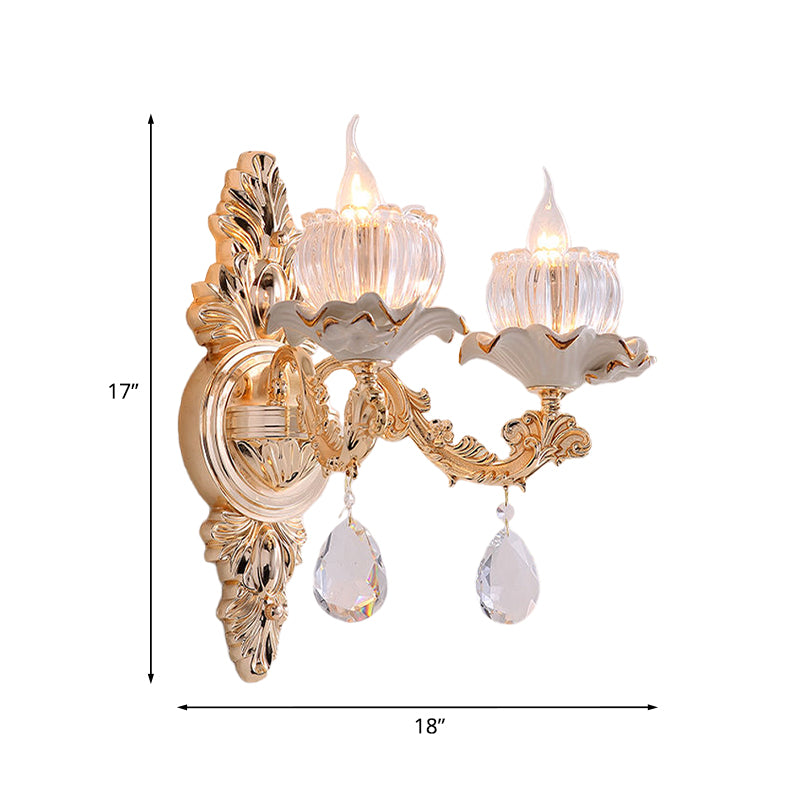 Traditional Ruffle Wall Mount Light 1/2-Head Clear Ribbed Glass Sconce Lighting with Carved Arm in Gold Clearhalo 'Wall Lamps & Sconces' 'Wall Lights' Lighting' 1125412