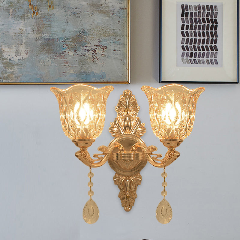 Clear Textured Glass Gold Sconce Bell Shaped 1/2-Light Traditional Wall Mounted Lamp 2.0 Gold Clearhalo 'Wall Lamps & Sconces' 'Wall Lights' Lighting' 1125419