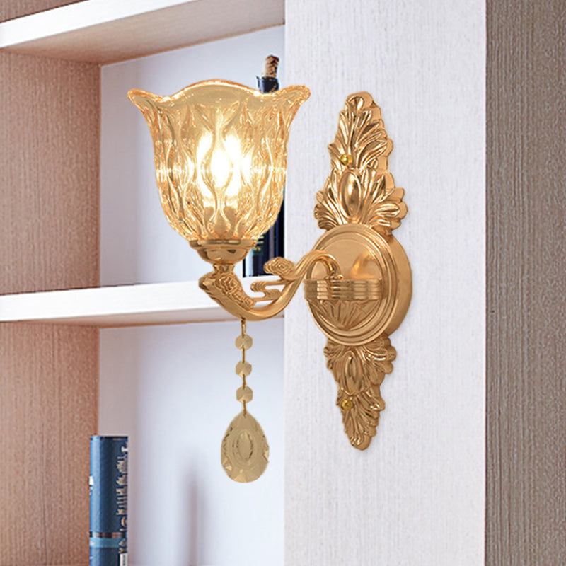 Clear Textured Glass Gold Sconce Bell Shaped 1/2-Light Traditional Wall Mounted Lamp Clearhalo 'Wall Lamps & Sconces' 'Wall Lights' Lighting' 1125424