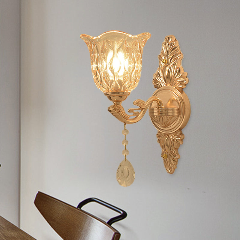 Clear Textured Glass Gold Sconce Bell Shaped 1/2-Light Traditional Wall Mounted Lamp Clearhalo 'Wall Lamps & Sconces' 'Wall Lights' Lighting' 1125425