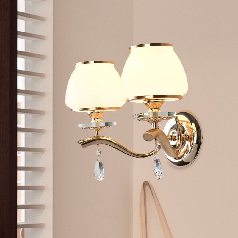 1/2-Bulb Tapered Wall Light Fixture Postmodern White Glass Wall Sconce Lighting with Crystal Drop Clearhalo 'Modern wall lights' 'Modern' 'Wall Lamps & Sconces' 'Wall Lights' Lighting' 1125433