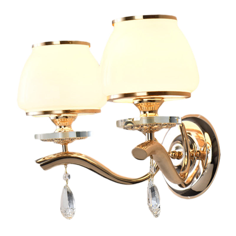 1/2-Bulb Tapered Wall Light Fixture Postmodern White Glass Wall Sconce Lighting with Crystal Drop Clearhalo 'Modern wall lights' 'Modern' 'Wall Lamps & Sconces' 'Wall Lights' Lighting' 1125435