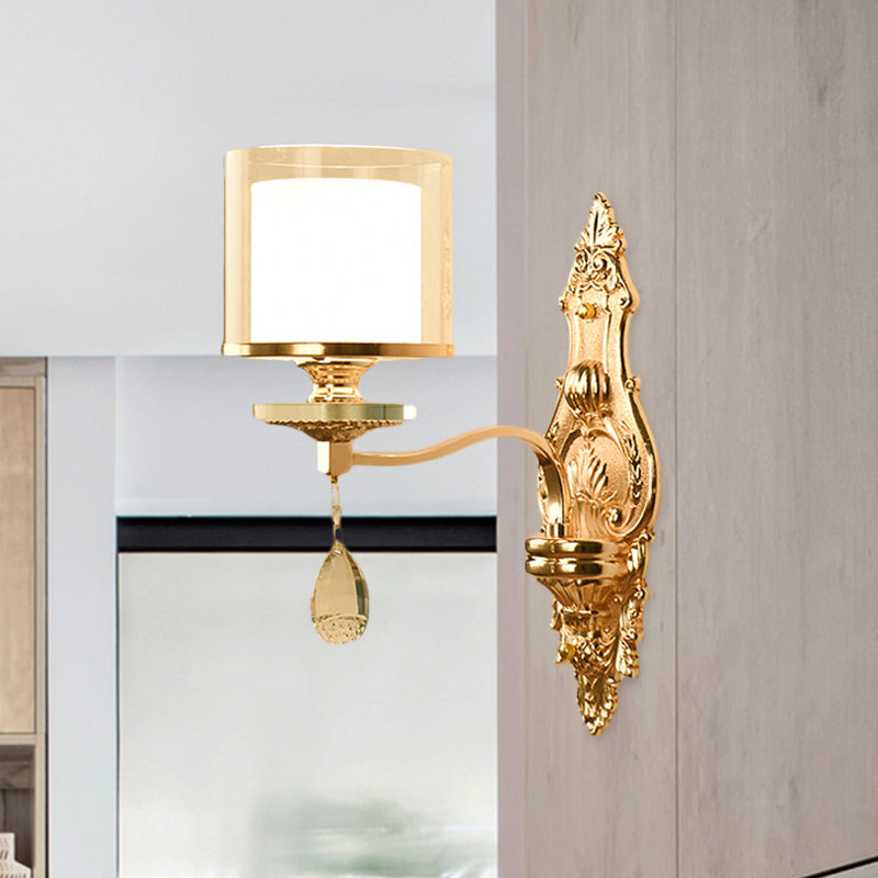 1 Light Wall Mount Lamp Retro Living Room Wall Sconce with Layered Barrel Clear and Frosted Glass Shade, Gold Gold Clearhalo 'Modern wall lights' 'Modern' 'Wall Lamps & Sconces' 'Wall Lights' Lighting' 1125437