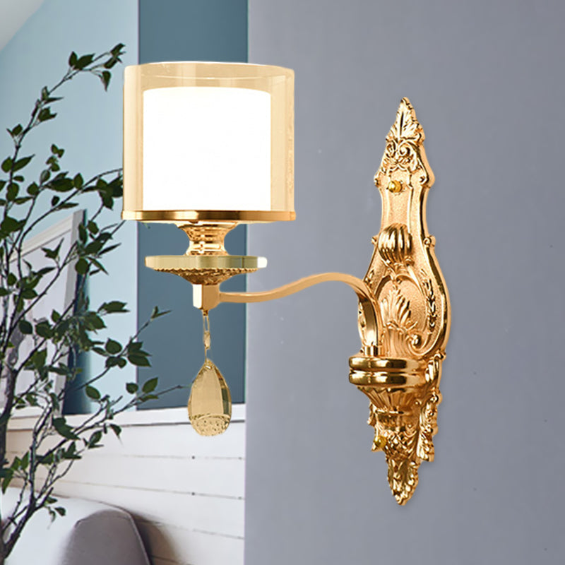 1 Light Wall Mount Lamp Retro Living Room Wall Sconce with Layered Barrel Clear and Frosted Glass Shade, Gold Clearhalo 'Modern wall lights' 'Modern' 'Wall Lamps & Sconces' 'Wall Lights' Lighting' 1125438
