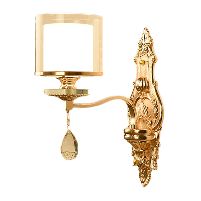 1 Light Wall Mount Lamp Retro Living Room Wall Sconce with Layered Barrel Clear and Frosted Glass Shade, Gold Clearhalo 'Modern wall lights' 'Modern' 'Wall Lamps & Sconces' 'Wall Lights' Lighting' 1125439