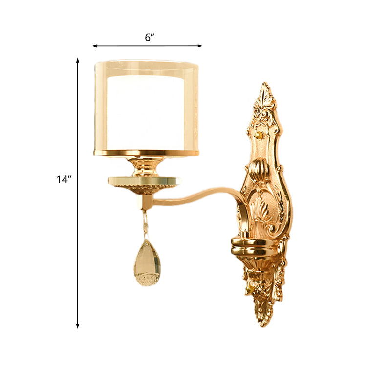 1 Light Wall Mount Lamp Retro Living Room Wall Sconce with Layered Barrel Clear and Frosted Glass Shade, Gold Clearhalo 'Modern wall lights' 'Modern' 'Wall Lamps & Sconces' 'Wall Lights' Lighting' 1125440