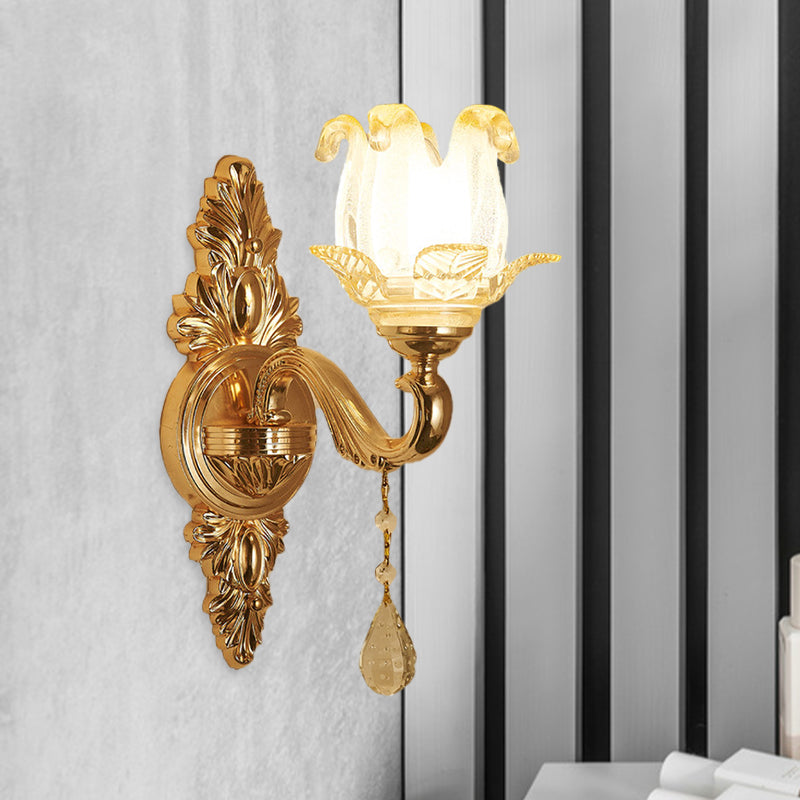 Gold 1/2-Bulb Sconce Light Traditional Frosted Glass Floral Wall Lighting Ideas for Living Room 1.0 Gold Clearhalo 'Wall Lamps & Sconces' 'Wall Lights' Lighting' 1125450