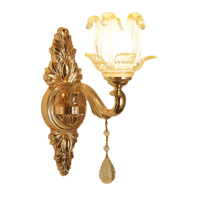 Gold 1/2-Bulb Sconce Light Traditional Frosted Glass Floral Wall Lighting Ideas for Living Room Clearhalo 'Wall Lamps & Sconces' 'Wall Lights' Lighting' 1125452