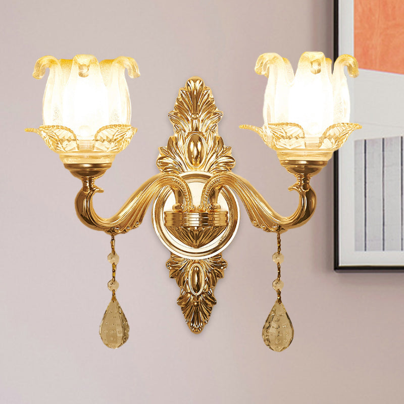 Gold 1/2-Bulb Sconce Light Traditional Frosted Glass Floral Wall Lighting Ideas for Living Room 2.0 Gold Clearhalo 'Wall Lamps & Sconces' 'Wall Lights' Lighting' 1125454