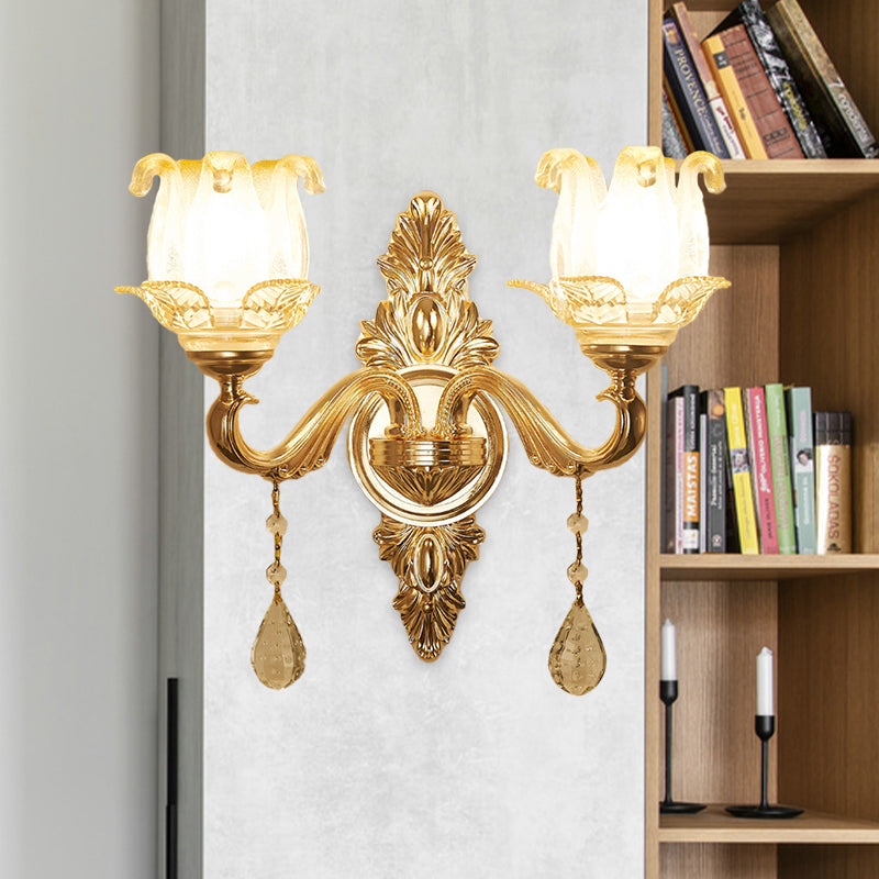 Gold 1/2-Bulb Sconce Light Traditional Frosted Glass Floral Wall Lighting Ideas for Living Room Clearhalo 'Wall Lamps & Sconces' 'Wall Lights' Lighting' 1125455