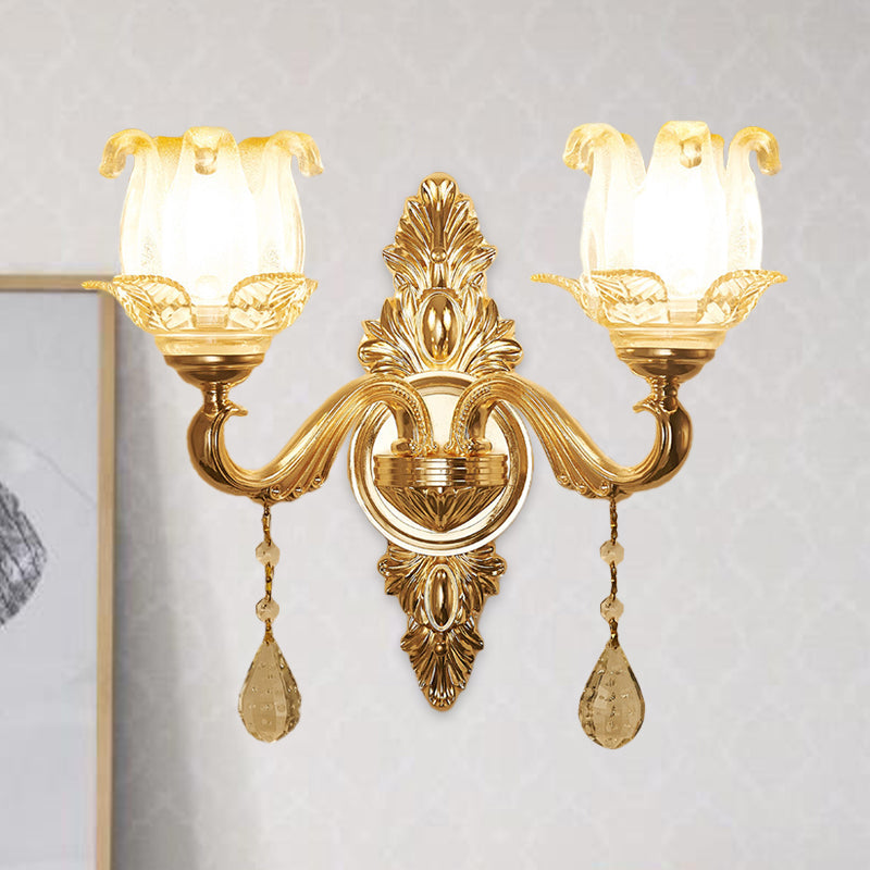 Gold 1/2-Bulb Sconce Light Traditional Frosted Glass Floral Wall Lighting Ideas for Living Room Clearhalo 'Wall Lamps & Sconces' 'Wall Lights' Lighting' 1125456