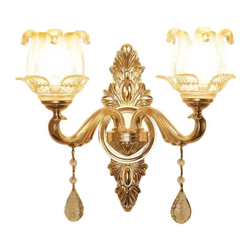 Gold 1/2-Bulb Sconce Light Traditional Frosted Glass Floral Wall Lighting Ideas for Living Room Clearhalo 'Wall Lamps & Sconces' 'Wall Lights' Lighting' 1125457