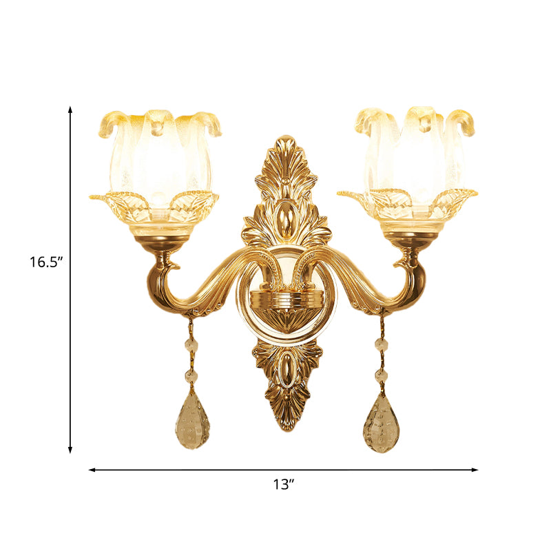 Gold 1/2-Bulb Sconce Light Traditional Frosted Glass Floral Wall Lighting Ideas for Living Room Clearhalo 'Wall Lamps & Sconces' 'Wall Lights' Lighting' 1125458