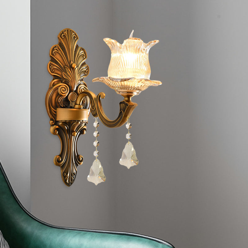 Brass Single-Bulb Wall Sconce Traditional Ribbed Glass 2 Layers Floral Wall Mounted Lighting Brass Clearhalo 'Wall Lamps & Sconces' 'Wall Lights' Lighting' 1125459