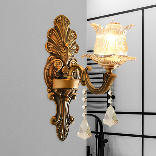 Brass Single-Bulb Wall Sconce Traditional Ribbed Glass 2 Layers Floral Wall Mounted Lighting Clearhalo 'Wall Lamps & Sconces' 'Wall Lights' Lighting' 1125460