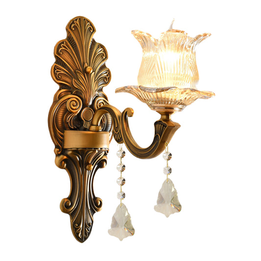 Brass Single-Bulb Wall Sconce Traditional Ribbed Glass 2 Layers Floral Wall Mounted Lighting Clearhalo 'Wall Lamps & Sconces' 'Wall Lights' Lighting' 1125461