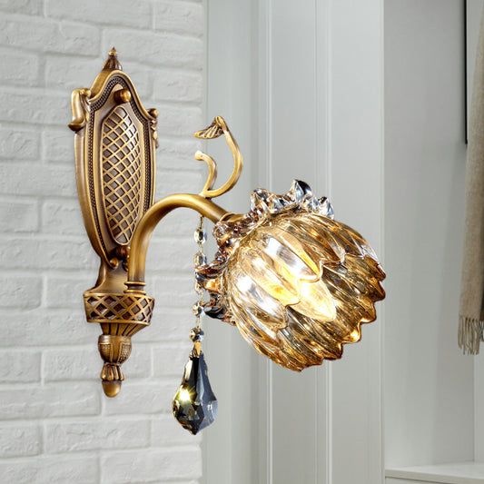 1 Head Amber Glass Wall Light Antique Style Brass Lotus Sitting Room Wall Sconce Lighting Clearhalo 'Wall Lamps & Sconces' 'Wall Lights' Lighting' 1125469