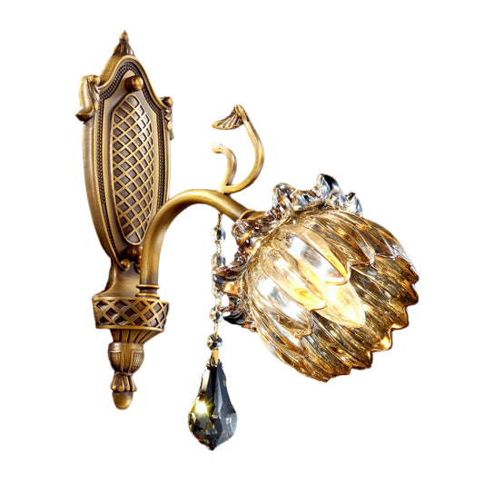 1 Head Amber Glass Wall Light Antique Style Brass Lotus Sitting Room Wall Sconce Lighting Clearhalo 'Wall Lamps & Sconces' 'Wall Lights' Lighting' 1125470