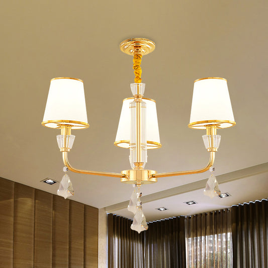 3-Head Chandelier Light Fixture Postmodern Bedroom Hanging Lamp with Cone Opal Glass Shade in Gold Gold Clearhalo 'Ceiling Lights' 'Chandeliers' 'Modern Chandeliers' 'Modern' Lighting' 1125472