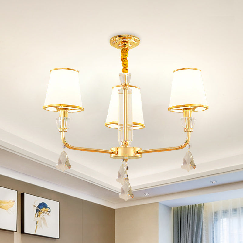 3-Head Chandelier Light Fixture Postmodern Bedroom Hanging Lamp with Cone Opal Glass Shade in Gold Clearhalo 'Ceiling Lights' 'Chandeliers' 'Modern Chandeliers' 'Modern' Lighting' 1125473