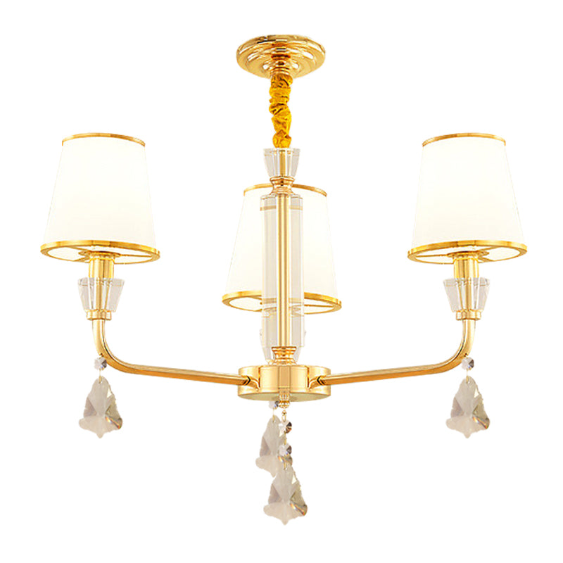 3-Head Chandelier Light Fixture Postmodern Bedroom Hanging Lamp with Cone Opal Glass Shade in Gold Clearhalo 'Ceiling Lights' 'Chandeliers' 'Modern Chandeliers' 'Modern' Lighting' 1125474