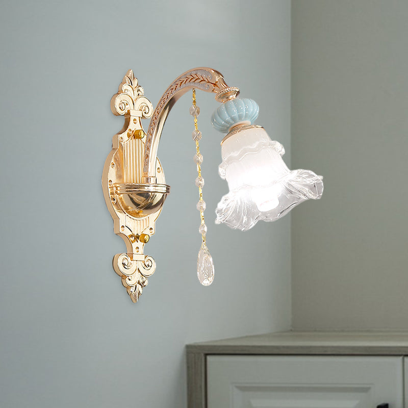 Blue 1/2-Light Sconce Lighting Traditional Opal Frosted Glass Ruffle Trim Wall Lamp with Ceramic Accent 1.0 Blue Clearhalo 'Wall Lamps & Sconces' 'Wall Lights' Lighting' 1125476