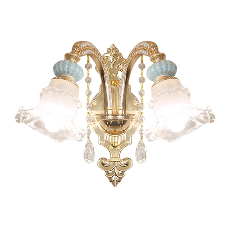 Blue 1/2-Light Sconce Lighting Traditional Opal Frosted Glass Ruffle Trim Wall Lamp with Ceramic Accent Clearhalo 'Wall Lamps & Sconces' 'Wall Lights' Lighting' 1125483