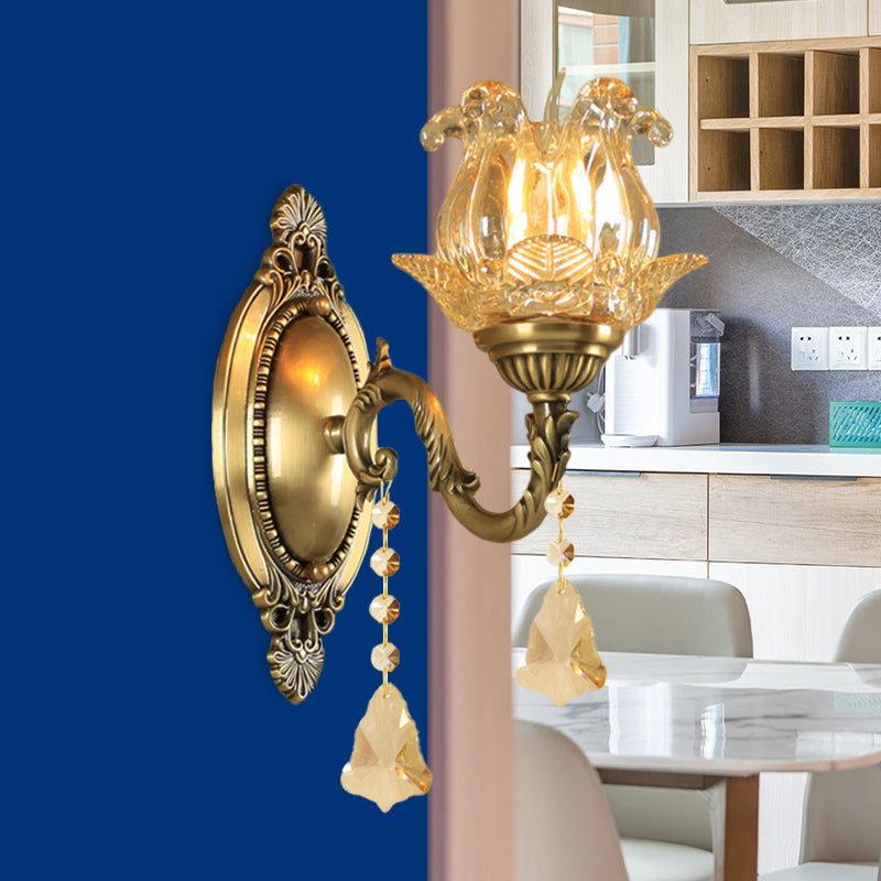 Traditional Semi-Open Flower Sconce 1/2-Light Clear Glass Wall Mount Lighting in Brass 1.0 Brass Clearhalo 'Wall Lamps & Sconces' 'Wall Lights' Lighting' 1125497